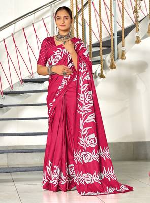 Pink floral print mulmul cotton saree with blouse. 1