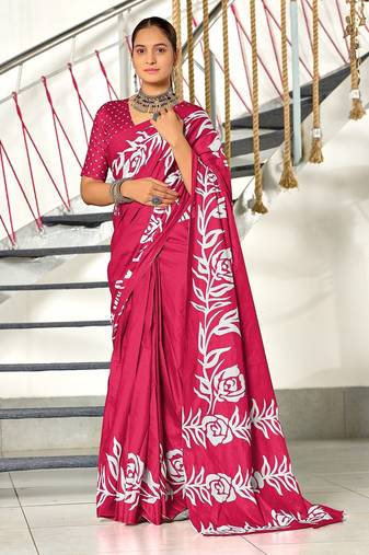 Pink floral print mulmul cotton saree with blouse.