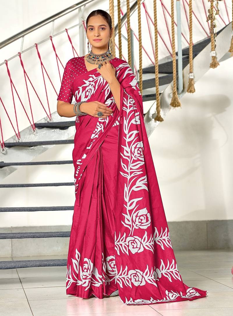 Pink floral print mulmul cotton saree with blouse.
