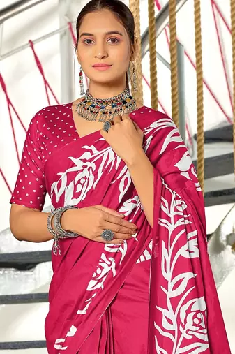 Pink floral print mulmul cotton saree with blouse.
