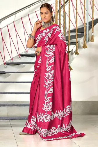 Pink floral print mulmul cotton saree with blouse.