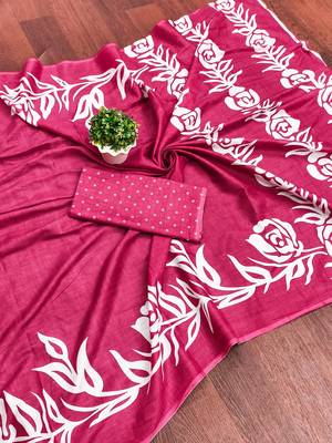 Pink floral print mulmul cotton saree with blouse. 5