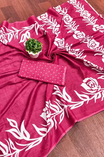 Pink floral print mulmul cotton saree with blouse.