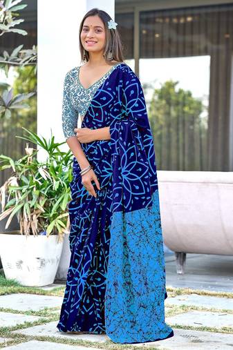 Blue block print mulmul cotton saree with blouse.