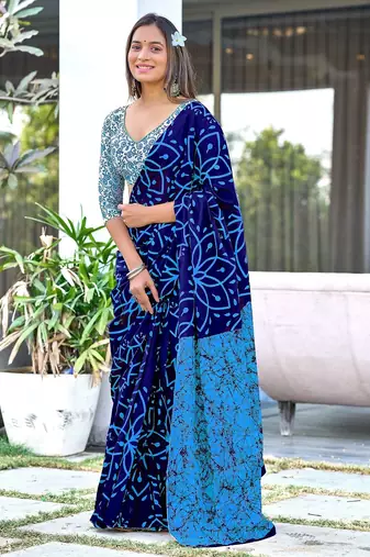 Blue block print mulmul cotton saree with blouse.