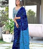 Blue block print mulmul cotton saree with blouse.