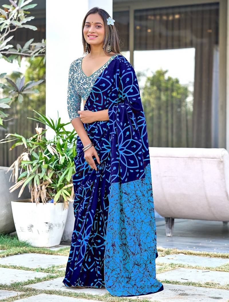Blue block print mulmul cotton saree with blouse.
