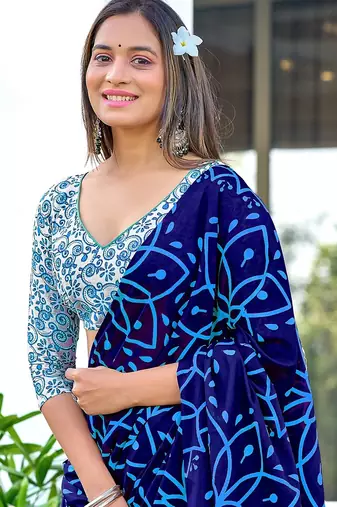 Blue block print mulmul cotton saree with blouse.