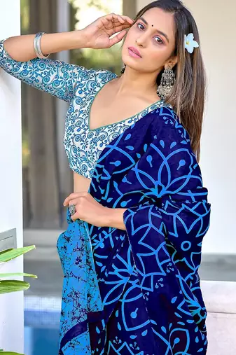 Blue block print mulmul cotton saree with blouse.