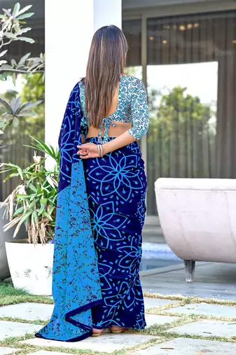 Blue block print mulmul cotton saree with blouse.