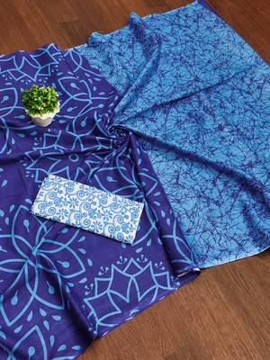 Blue block print mulmul cotton saree with blouse. 5