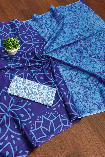 Blue block print mulmul cotton saree with blouse.