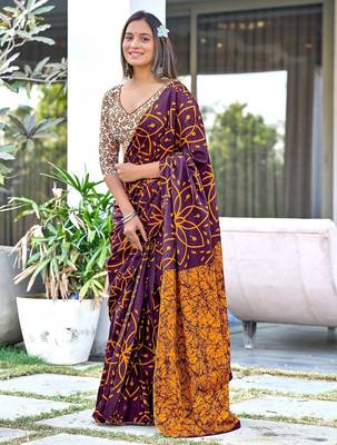 Brown block print mulmul cotton saree with blouse. 1