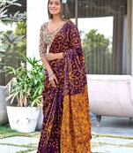 Brown block print mulmul cotton saree with blouse.