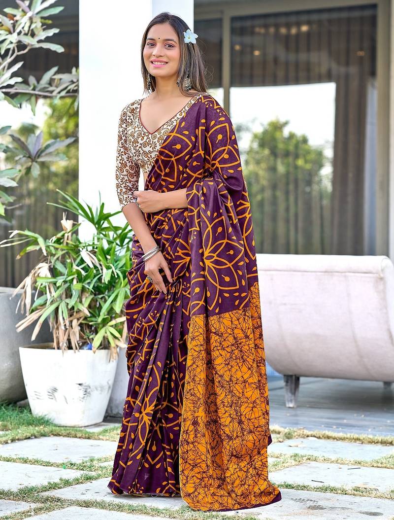 Brown block print mulmul cotton saree with blouse.
