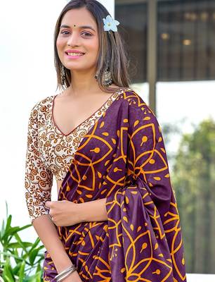Brown block print mulmul cotton saree with blouse. 2