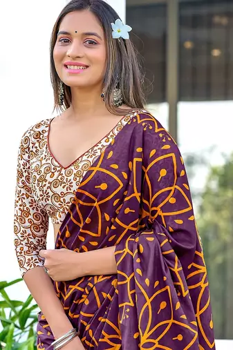 Brown block print mulmul cotton saree with blouse.