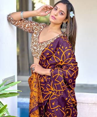 Brown block print mulmul cotton saree with blouse. 3