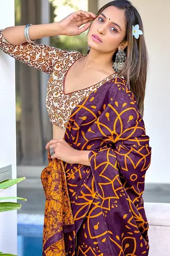 Brown block print mulmul cotton saree with blouse.