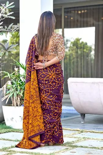Brown block print mulmul cotton saree with blouse.