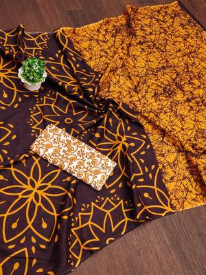 Brown block print mulmul cotton saree with blouse. 5