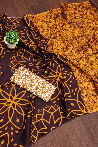 Brown block print mulmul cotton saree with blouse.