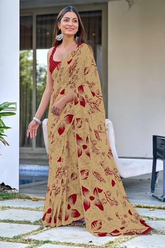 Beige floral print mulmul cotton saree with blouse.
