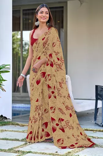 Beige floral print mulmul cotton saree with blouse.