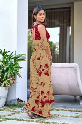 Beige floral print mulmul cotton saree with blouse.