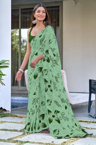 Green floral print mulmul cotton saree with blouse.