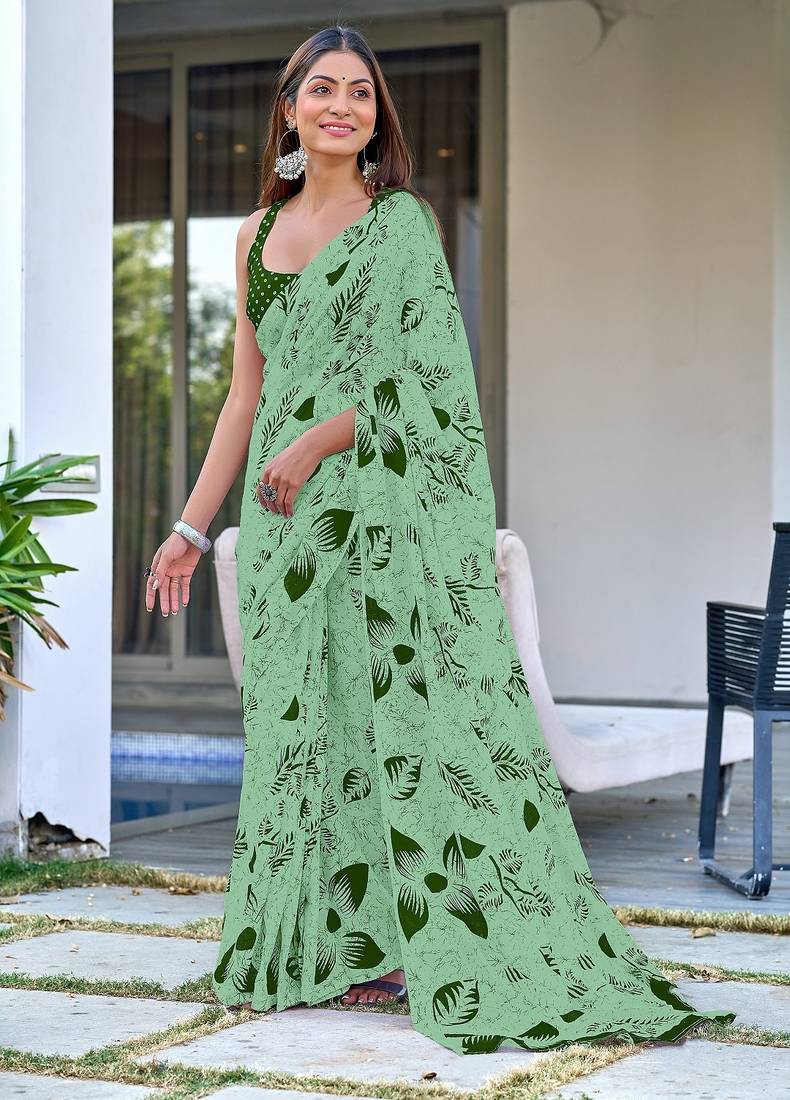 Green floral print mulmul cotton saree with blouse.