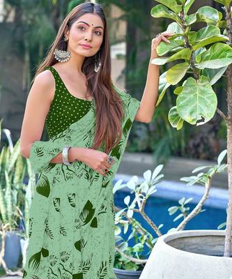 Green floral print mulmul cotton saree with blouse. 2