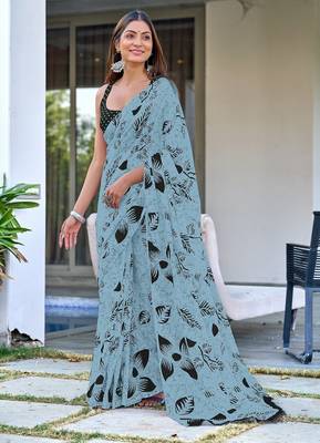 Grey floral print mulmul cotton saree with blouse. 1