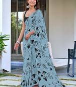 Grey floral print mulmul cotton saree with blouse.