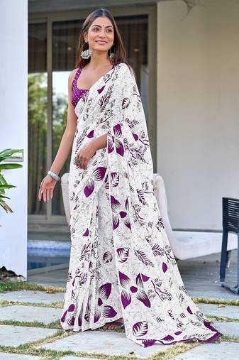 White floral print mulmul cotton saree with blouse.