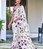 White floral print mulmul cotton saree with blouse.