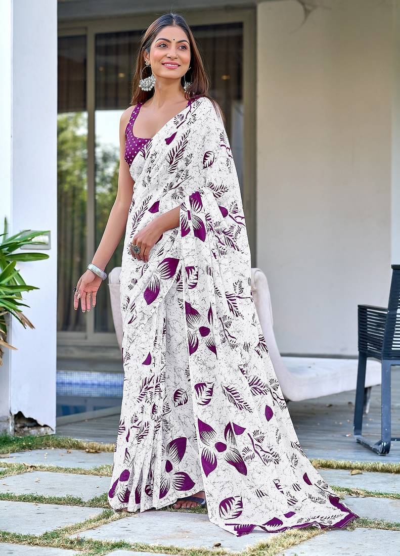 White floral print mulmul cotton saree with blouse.