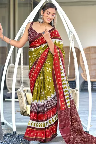 Green ikkat print mulmul cotton saree with blouse.