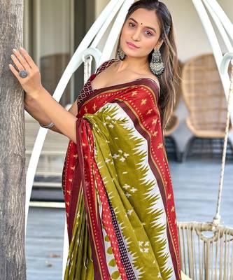 Green ikkat print mulmul cotton saree with blouse. 3