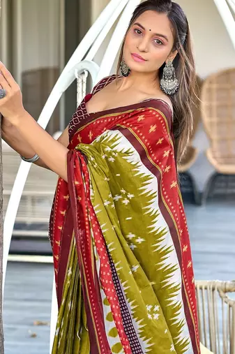 Green ikkat print mulmul cotton saree with blouse.