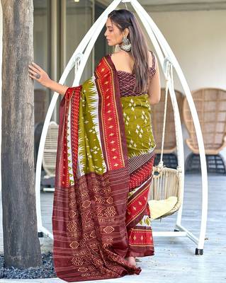 Green ikkat print mulmul cotton saree with blouse. 4