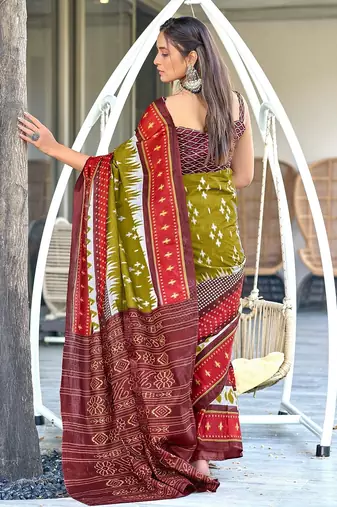 Green ikkat print mulmul cotton saree with blouse.