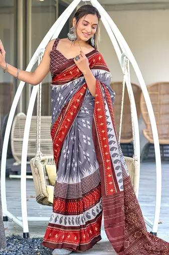Grey ikkat print mulmul cotton saree with blouse.