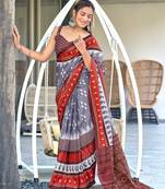 Grey ikkat print mulmul cotton saree with blouse.