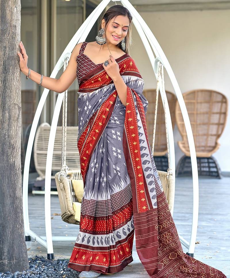 Grey ikkat print mulmul cotton saree with blouse.