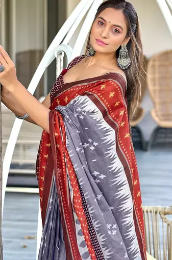 Grey ikkat print mulmul cotton saree with blouse.