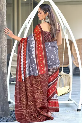 Grey ikkat print mulmul cotton saree with blouse.