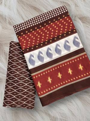 Grey ikkat print mulmul cotton saree with blouse. 5