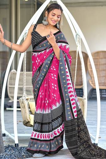 Pink ikkat print mulmul cotton saree with blouse.