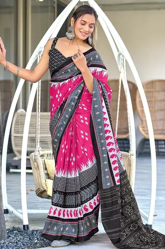 Pink ikkat print mulmul cotton saree with blouse.
